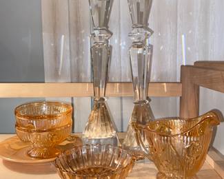 Carnival glass and Shannon glass candle sticks
