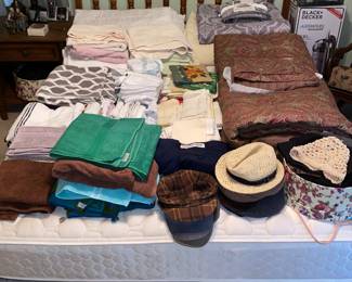 Henredon queen bed and assorted linens and bedding
