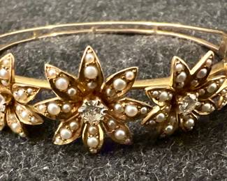 14K Gold, Pearl & Diamond Flower Bracelet