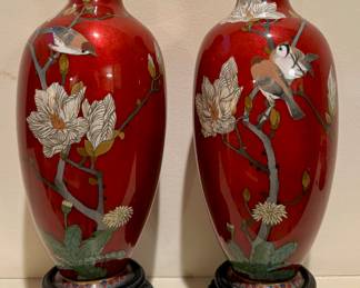 Pair of Red Ground Japanese Cloisonne Vases