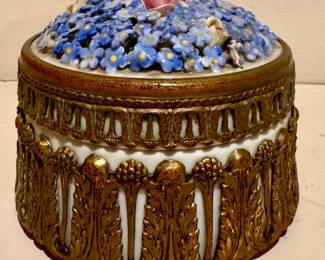 Antique Elfinware Germany Floral Encrusted Trinket/Powder Box Encased in Brass