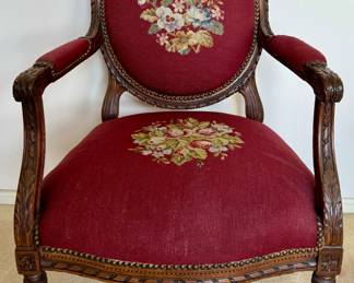 Vintage Carved Needlepoint Armchair with Nailhead Trim