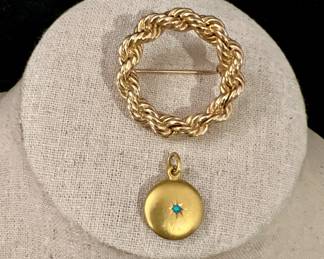 14K Gold Pin & 14K Gold Pendant with Turquoise