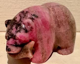 Rhodonite Carving of Bear With Fish