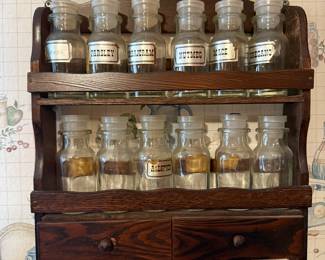  Vtg Wooden Spice Rack w/ spice jars