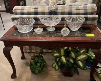 Glass and wood sofa table, crystal- Waterford