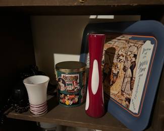 Tv trays, vases, and vintage tins