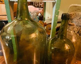 Antique 20" & 15" Pontiled Demjohn Hand Blown Green Bottles