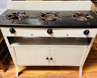 Super Cool Vintage Propane (3) Burner Stove in Metal Cabinet with Shelf & (2) Doors for Pots, etc