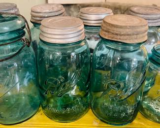 Large Collection of Vintage Aqua Blue & Clear Ball Canning Jars with Zinc & Aluminum Lids 
