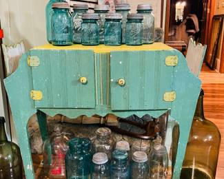 Sweet Primitive Cabinet with Original Paint and Large Collection of Aqua Blue Ball Canning Jars 
