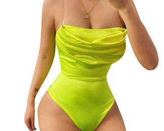 Velius Women's Sexy Ruffle Shiny Bodysuit