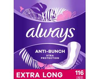 Always Anti-Bunch Xtra Protection Daily Liners, Extra Long Length, Unscented, 116 Count
