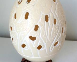 Hand Carved Genuine Ostrich Egg, African Savanah Wildlife Depictions, With Hand Carved Stand