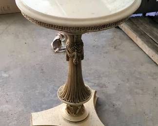 Metal Pedestal Table With Marble Top, 22” x 15.5”