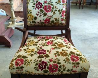 Upholstered Chair With Floral Needlework And Front Leg Casters, 35” x 20” x 20”