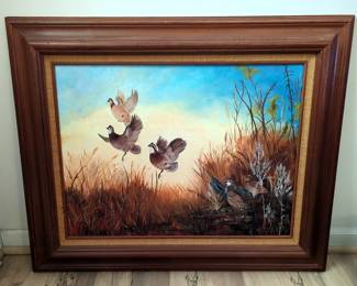Quail In Flight Painting On Canvas, Matted And Framed, 26" x 32"