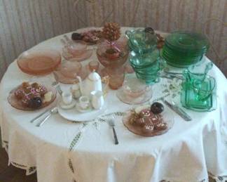 Complete Table Set with Four Chairs, Table Cloth, and Three Doll Tea Sets