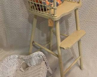 Two Doll Chairs, White Wicker Rocking Chair, And Tall Legged Wood And Wicker Chair