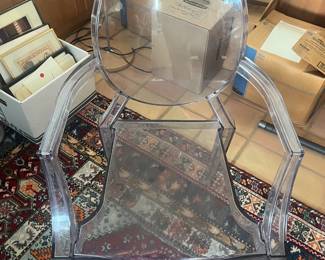 $330. Kartell Ghost armchair. 21" w x 17"d x 37"h. Current retail is $545 plus tax. Kartell information is on the chair but difficult to photograph. Available during online shopping starting at 6pm on Wednesday per the instructions in the sale description.