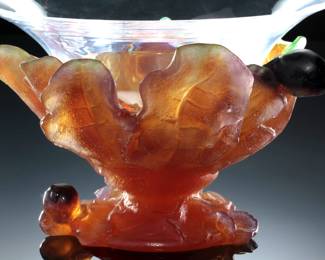 Daum France Pate De Verre Glass Compote Centerpiece Bowl Figs & Foliage "FIGUES PATE DE VERRE"
