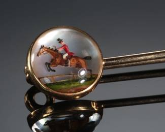 14k Gold Essex Crystal Double Equestrian Brooch Pin Reverse Painted Horse Pin 
