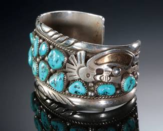 Navajo Tommy Moore Turquoise Cluster & Silver Kokopelli Cuff Bracelet Native American Jewelry SZ 7.5
