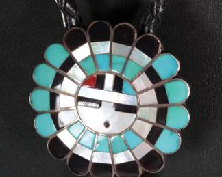 Vintage Zuni Sunface Kachina Bolo Tie Multi Stone Inlay Native American Jewelry Singed 
