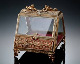 Vintage  Beveled Glass  Bronze Ormolu Cherub Jewelry Casket Display Box
