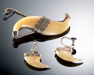 Antique Tiger Claw & Silver Brooch & Earring Set 
