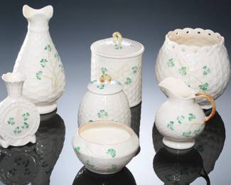 Lot of 7 Vintage Belleek Shamrock Basket Weave Irish China Pieces Basketweave 
