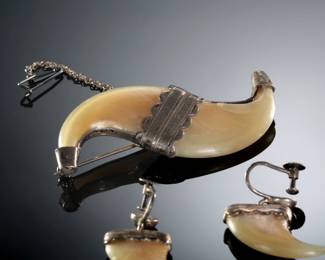 Antique Tiger Claw & Silver Brooch & Earring Set 
