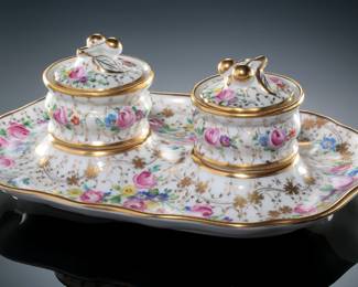 Antique KPM Porcelain Desk Set Inkwell & Pounce Pot  
