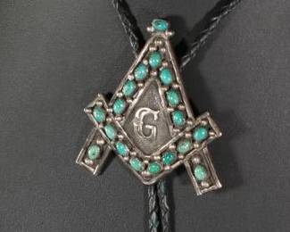 Navajo Daniel Etsitty Sterling Silver & Turquoise Bolo Tie Masonic Square and Compass Freemason Native American Jewelry 
