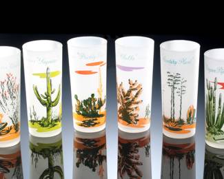 Lot of 6 Vintage Blakely Oil Frosted Glass Cactus Tumblers Glasses 
