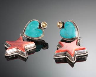 Sharon Sandoval Sterling Silver Turquoise Spiny Oyster Heart & Star Earrings Clip-on
