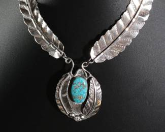 Navajo Silver & Turquoise Leaf Necklace Native American Jewelry 
