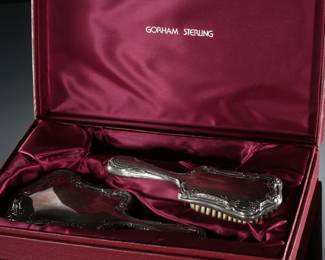 3pc Gorham Sterling Silver #27 Vanity Set in Box, Hairbrush, Comb, Mirror
