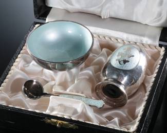 Vintage MEKA Denmark 1950’s Sterling Silver and Guilloche Enamel Salt & Pepper Set
