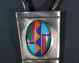 Native American Sterling Silver Multi-Stone Inlay Bolo Tie VHCManygoats
