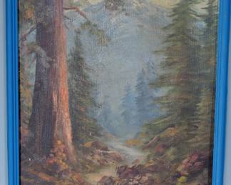Antique Original Oil Painting Forest Mountain Landscape 
