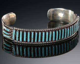 Zuni 1 Row Needlepoint Turquoise & Silver Cuff Bracelet SZ 6.75 Native American Jewelry Signed
