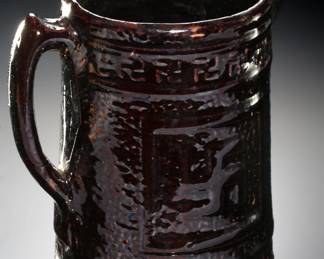 Vintage McCoy Pottery Brown Salt Glazed Pitcher Indian Peace Sign circa 1910
