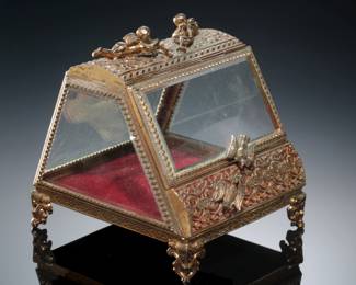 Vintage  Beveled Glass  Bronze Ormolu Cherub Jewelry Casket Display Box
