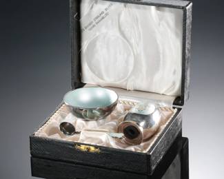 Vintage MEKA Denmark 1950’s Sterling Silver and Guilloche Enamel Salt & Pepper Set
