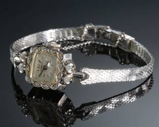 Antique 14k White Gold & Diamond Wittnauer Ladies Wrist Watch 
