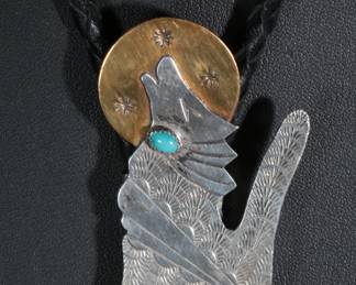 Apache Comanche Mark Jimenez Sterling Silver & Turquoise Howling Coyote Bolo Tie Native American Jewelry 
