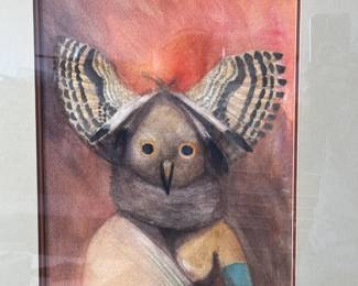 Original Art Jeffrey Lunge Owl Kachina Watercolor Painting Native American 
