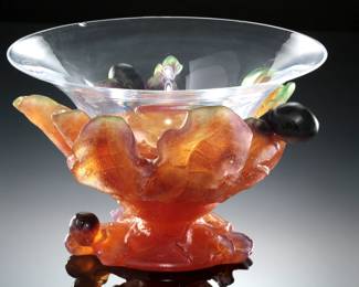 Daum France Pate De Verre Glass Compote Centerpiece Bowl Figs & Foliage "FIGUES PATE DE VERRE"
