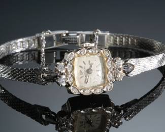 Antique 14k White Gold & Diamond Wittnauer Ladies Wrist Watch 
